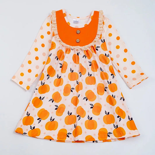 Baby Girls Pumpkin Dots Twirl Long Sleeve Dress